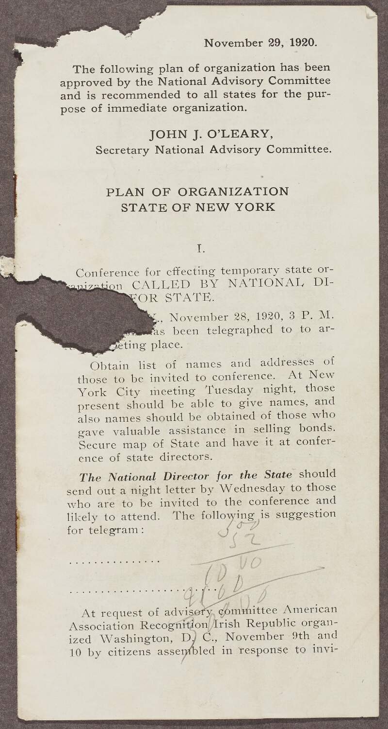 Election pamphlet titled "Plan of Organization State of New York",