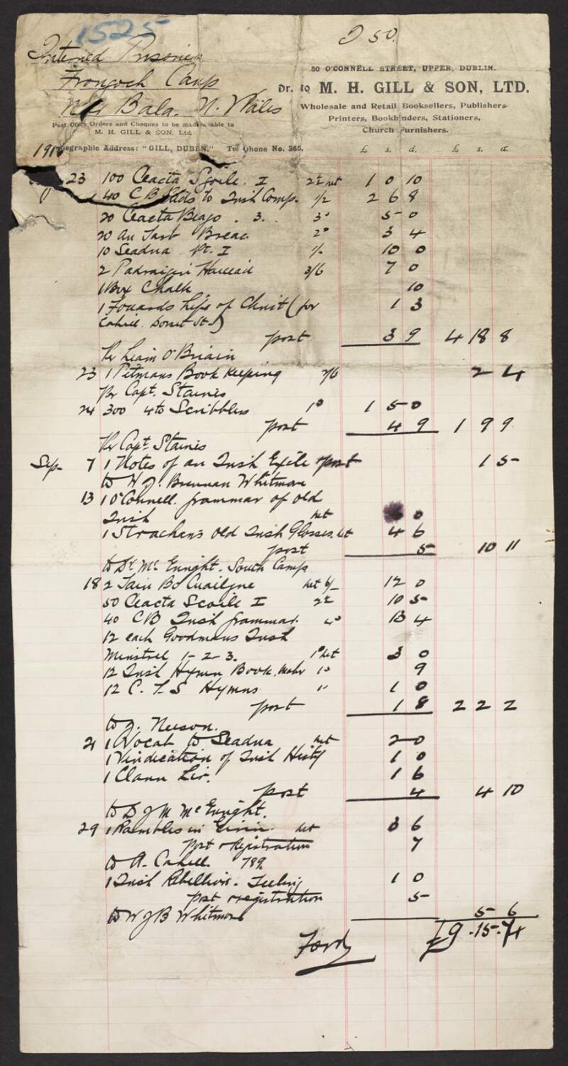 Bill and receipt from M.H. Gill & Sons to "Interned Prisoners / Frongoch Camp", itemising supplies including stationary and literature,