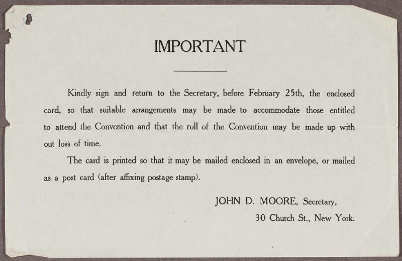 Notice titled, "Important", requesting that the enclosed card is signed and returned to attend the Convention,