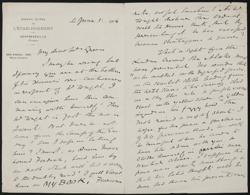 Letter from Antony Patrick MacDonnell to Alice Stopford Green regarding Horace Plunkett, MacDonnell's wife being invited to a "State Ball" and political matters,