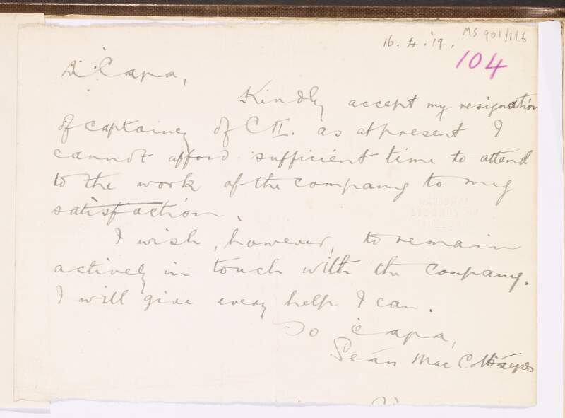 Letter from Seán Colbert resigning the captaincy of "C" Company, 2nd Battalion, Dublin Brigade,