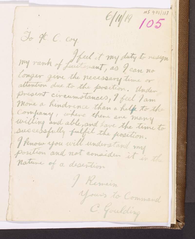 Letter from C. Goulding to O/C "C" Company resigning his rank of Lieutenant,