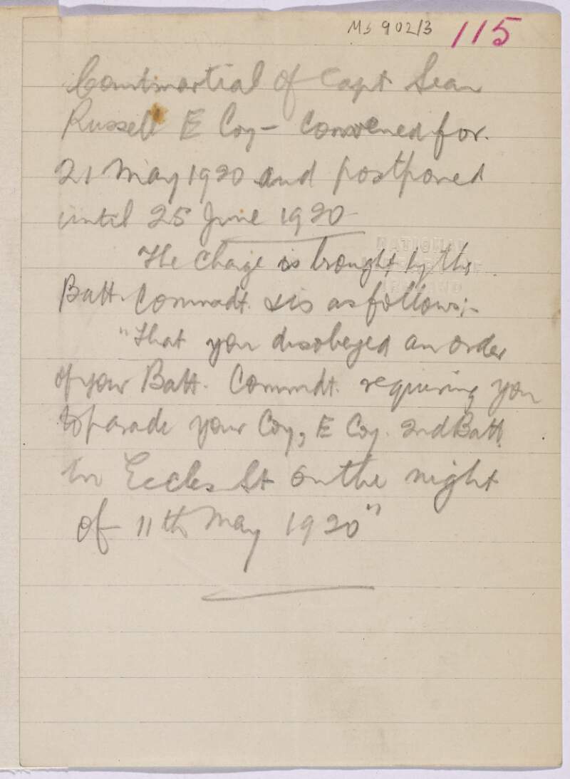 Memorandum on court-martial of Captain Seán Russell of "E" Company, 2nd Battalion, Dublin Brigade,
