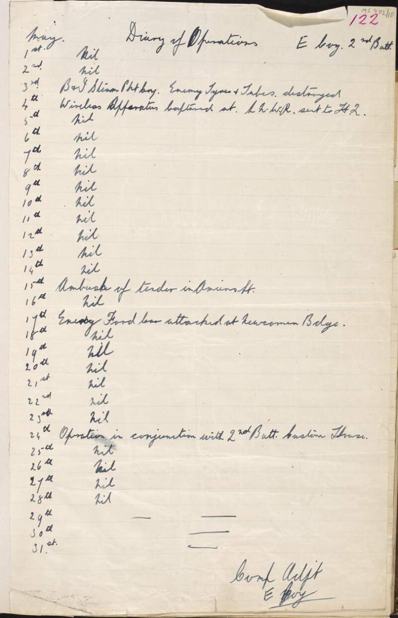 Diary of Operations of "E" Company for the Month of May sent by the Adjutant, "E" Company, 2nd Battalion, Dublin Brigade,