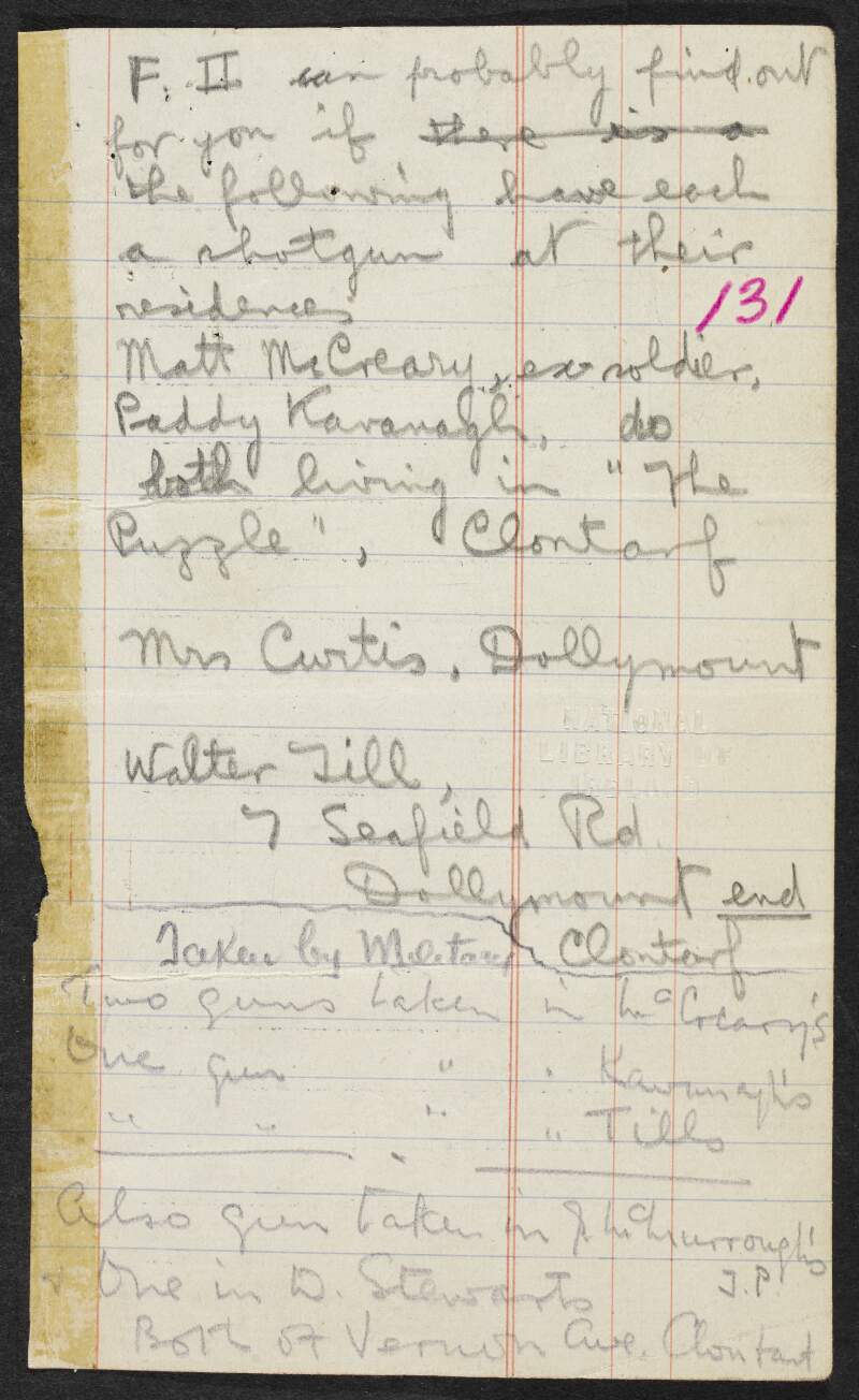 Report by Intelligence Officer "F" Company, 2nd Battalion, Dublin Brigade regarding sources of arms,