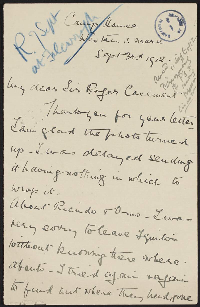Letter from Marion F. Michell to Roger Casement, informing him that she could not locate Ricudo and Omarino before her departure from Iquitos, with a  description of their actions prior to leaving, and enclosing a copy of a magazine [not extant] issued by the S.A. Evangelical Union,