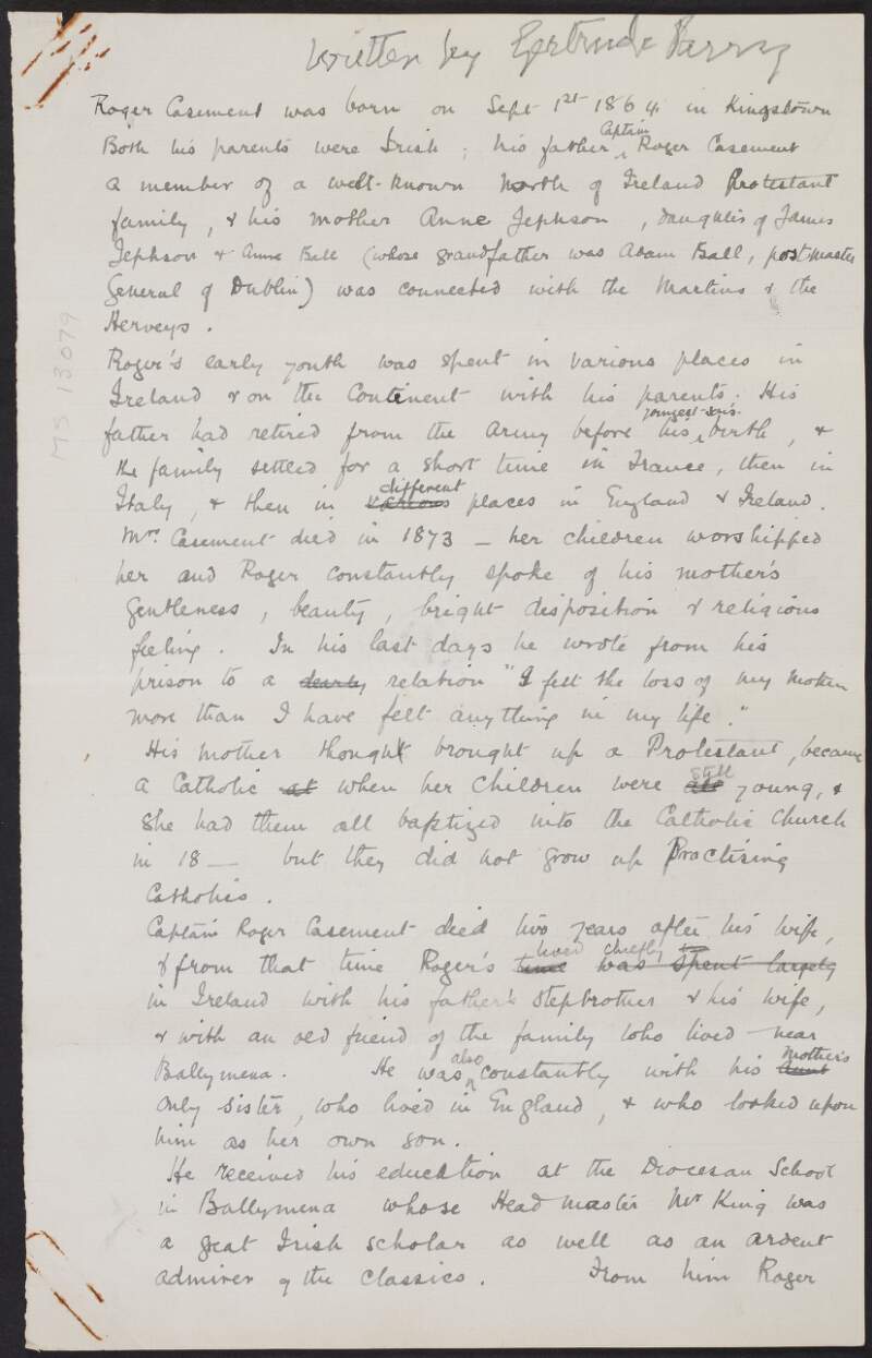 Account of the life of Roger Casement by Gertrude Bannister,
