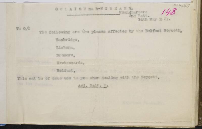 Memorandum from Adjutant, 2nd Battalion to O/C regarding the Belfast Boycott,