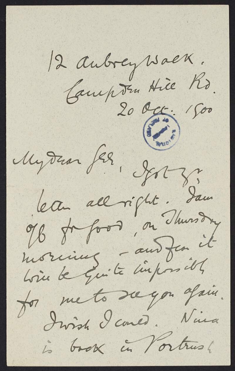 Letter from Roger Casement to Gertrude Bannister informing her he may not be able to see her before he is "off for good", discussing Nina's living plans and letters he received from Eddie, "Auntie and Lizzerbuth Anne" [Elizabeth], and providing Tom's address in South Africa,