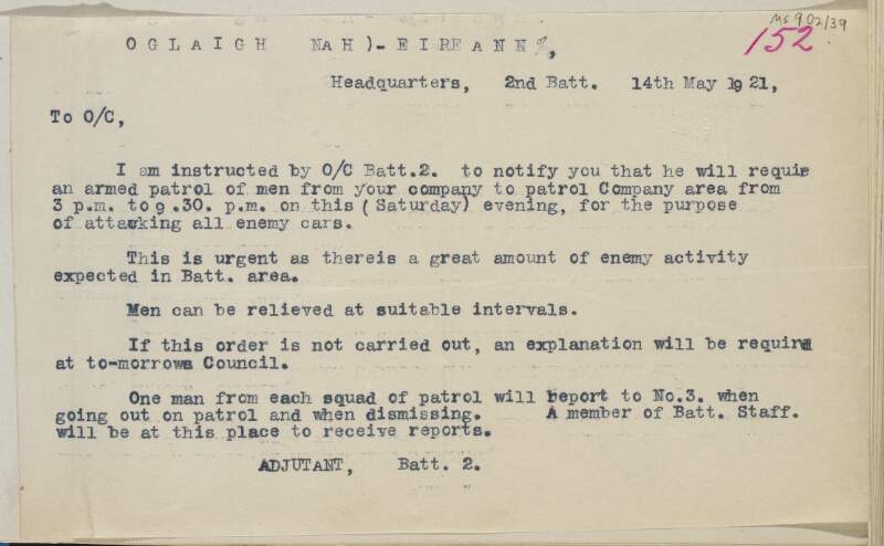 Memorandum from Adjutant, 2nd Battalion, Dublin Brigade to O/C Company given a direction to patrol the company area and attack all enemy cars on 21 May 1921