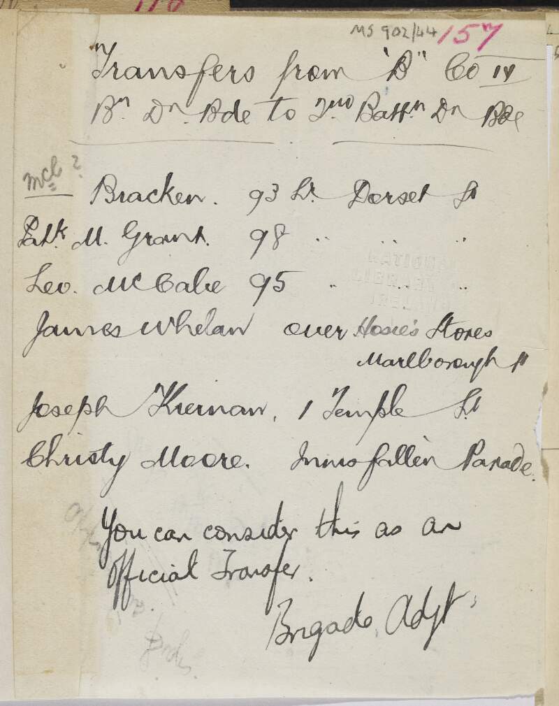 Transfers from "B" Company, 4th Battalion, Dublin Brigade to 2nd Battalion, Dublin Brigade signed by Brigade Adjutant,