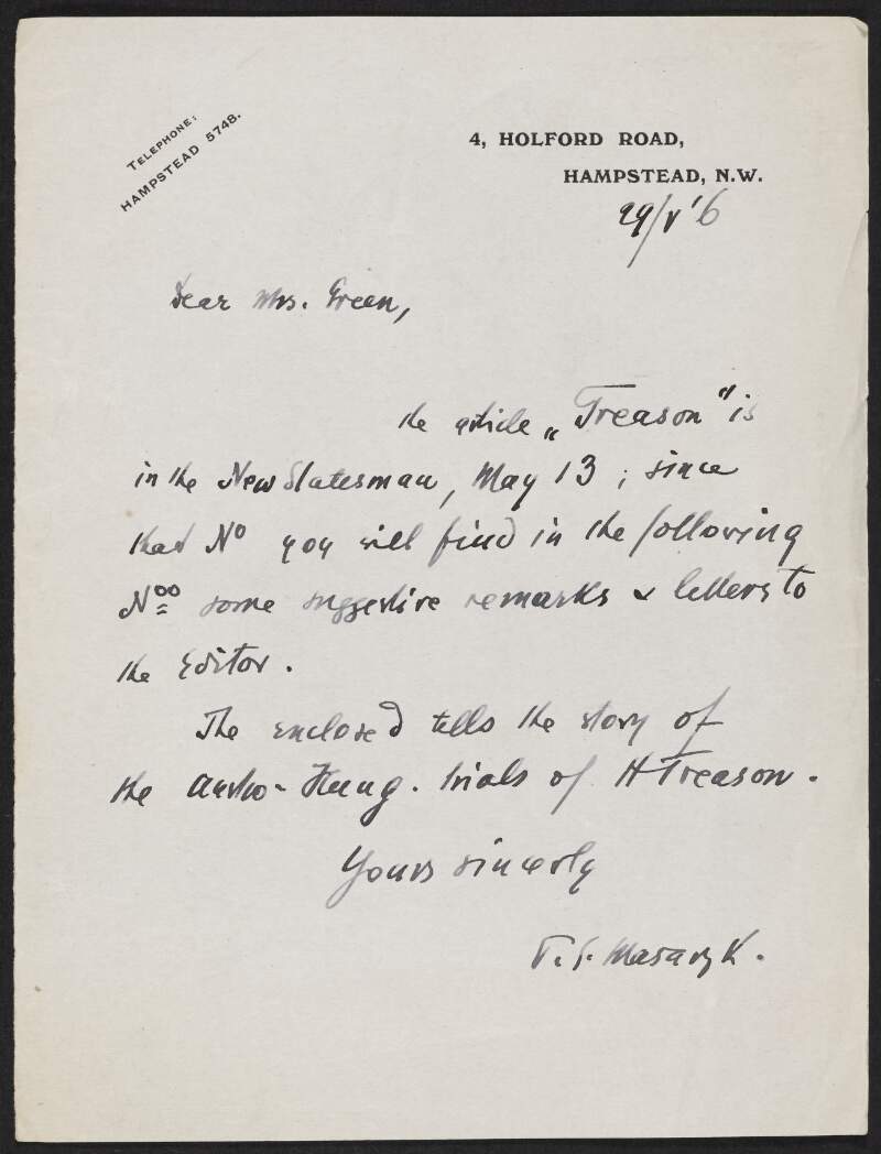Letter from Tomáš Garrigue Masaryk to Alice Stopford Green regarding an article in 'The New Statesman',