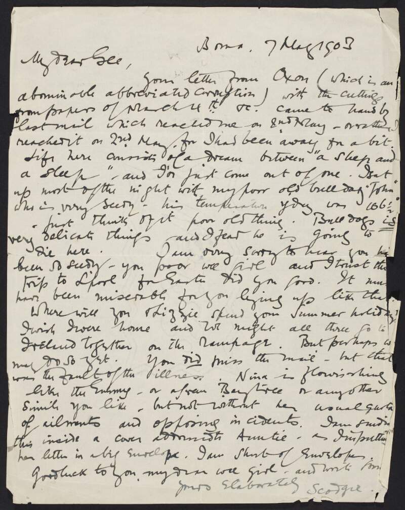 Letter from Roger Casement to Gertrude Bannister discussing the ill health of his bulldog "John", enquiring as to her and Elizabeth's summer plans, and informing her Nina is flourishing,