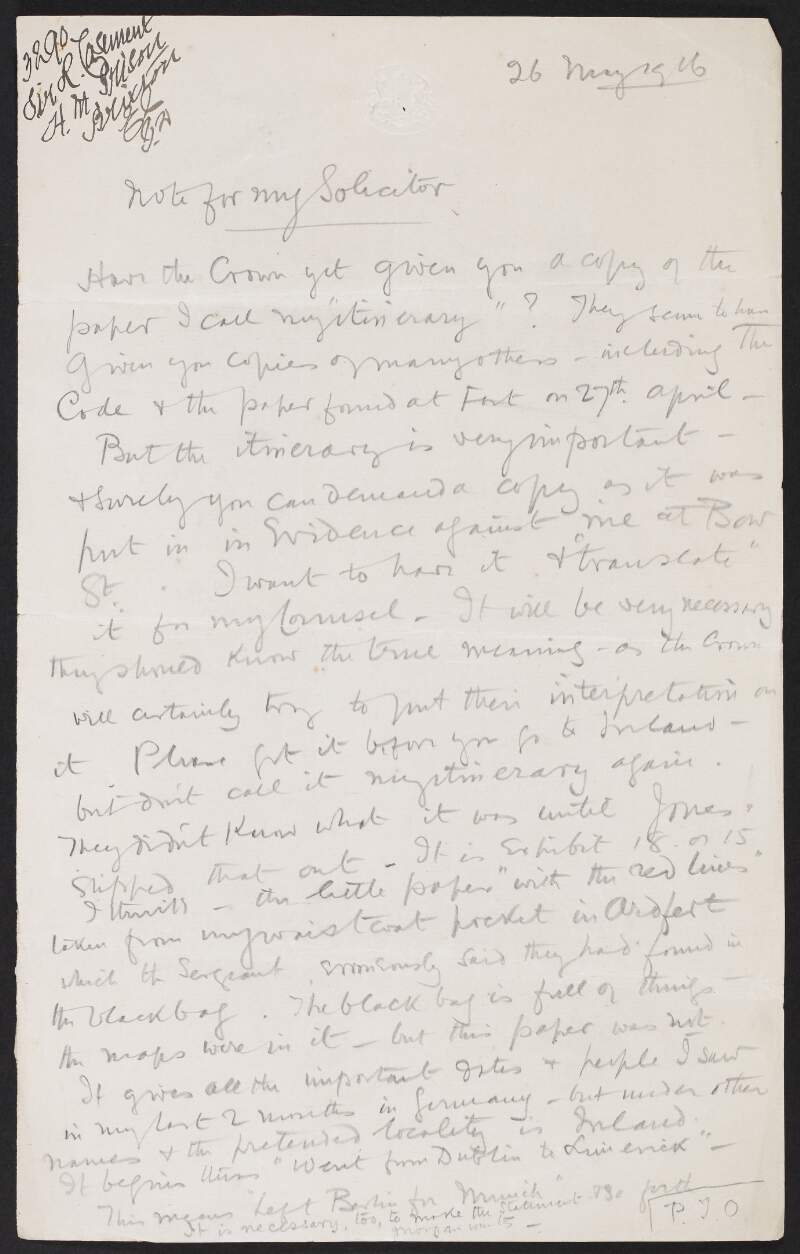 Notes by Roger Casement for his solicitor George Gavan Duffy, relating to his trial,