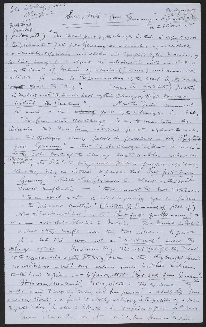 Document "Setting forth from Germany" by Roger Casement relating to charges made against him during his trial,