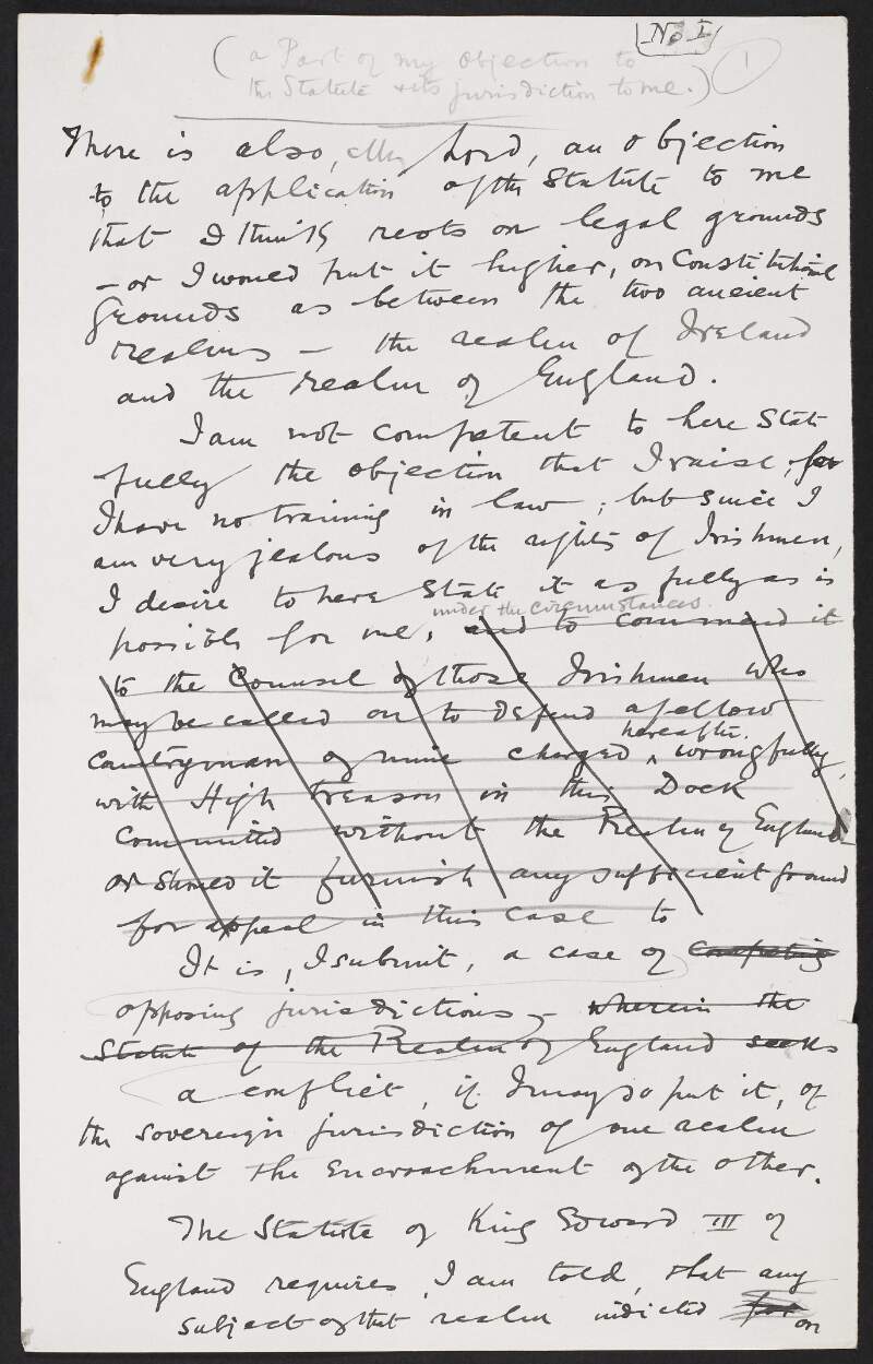 Document "A part of my objection to the Statute and its jurisdiction to me" by Roger Casemnt about his trial,