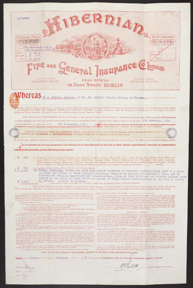 Insurance policy from Hibernian Fire and General Insurance Co. Limited, covering premises on Suffolk Street, undersigned by T. J. Cullen as a trustee of the INAAVD,