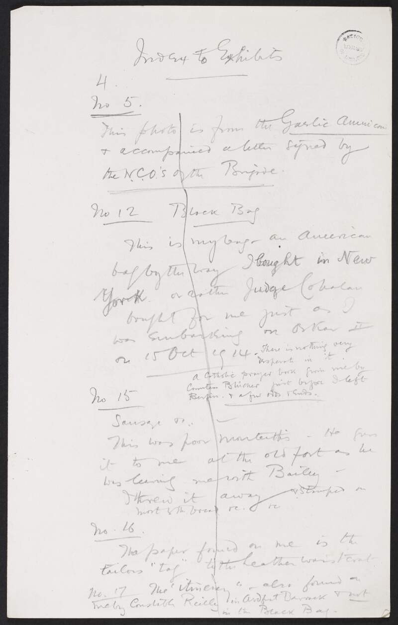 Notes by Roger Casement relating to his trial with details on the exhibits,