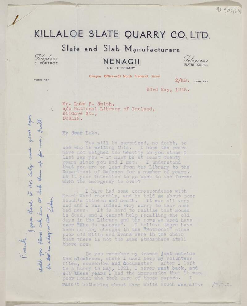 Letter from Andrew Doyle to Luke P. Smith, c/o National Library of Ireland, Kildare Street, Dublin regarding Doyle's IRA material,