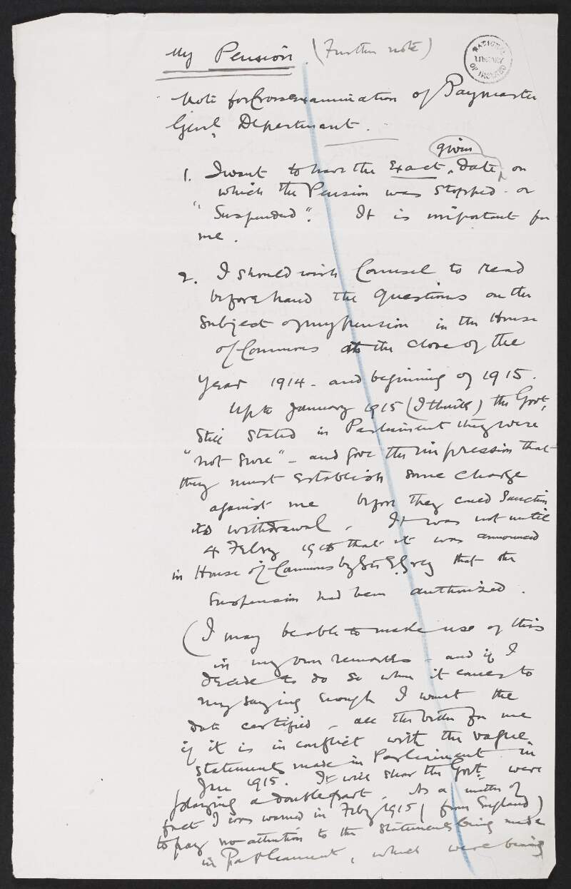 Notes by Roger Casement relating to the suspension of his pension,