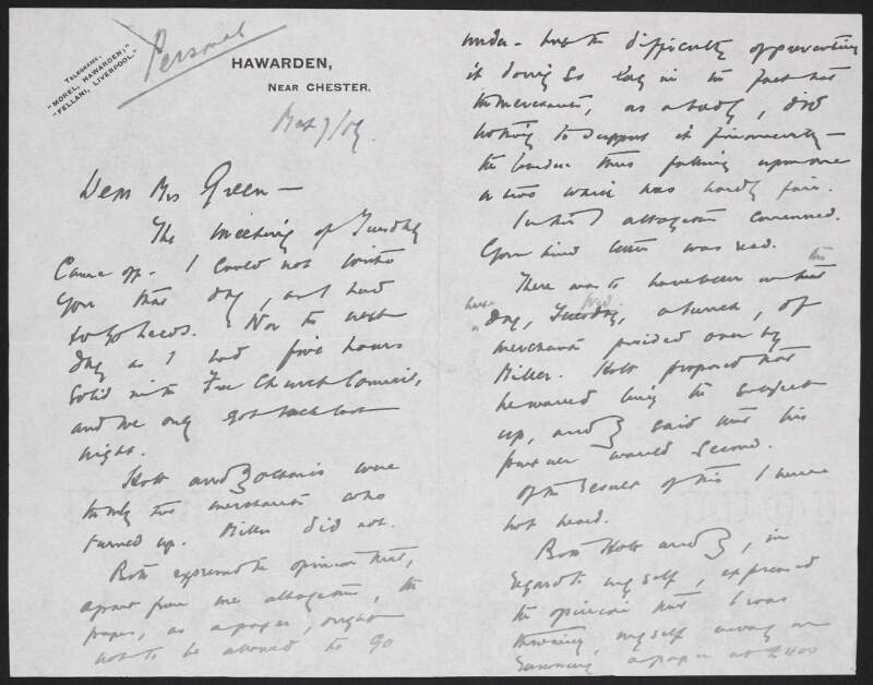 Letter from Edmund Dene Morel to Alice Stopford Green regarding a meeting,