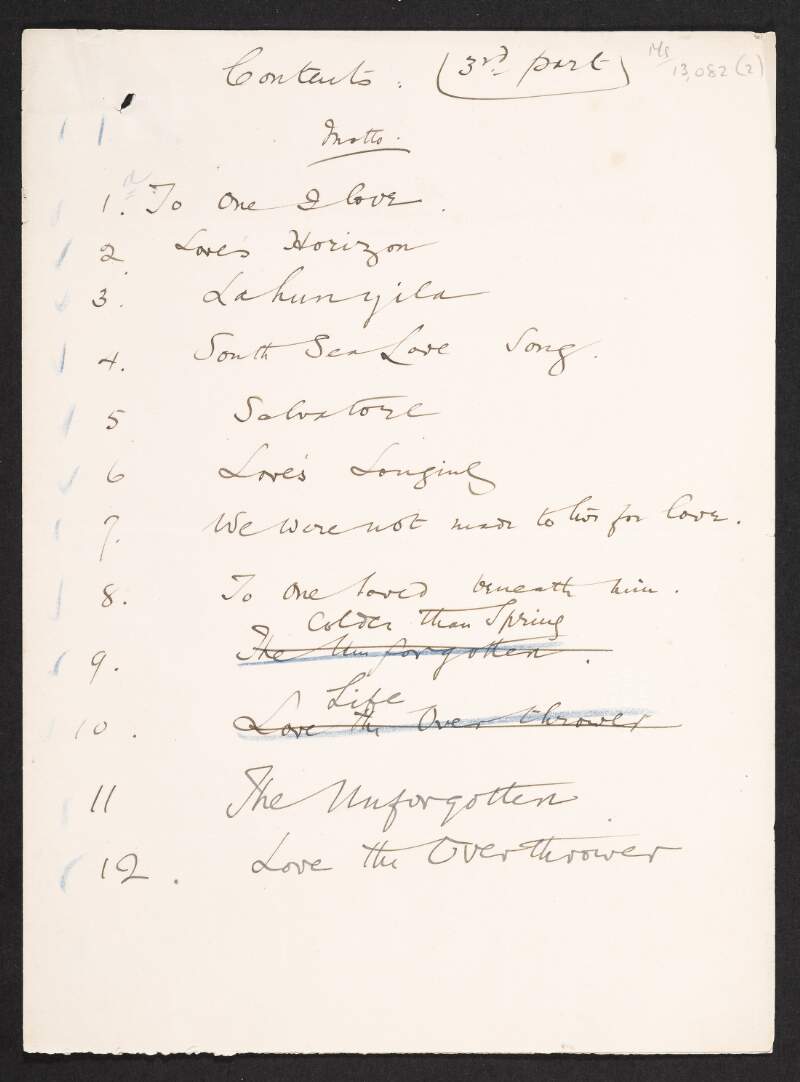 List of contents by Roger Casement for a volume of his poetry,