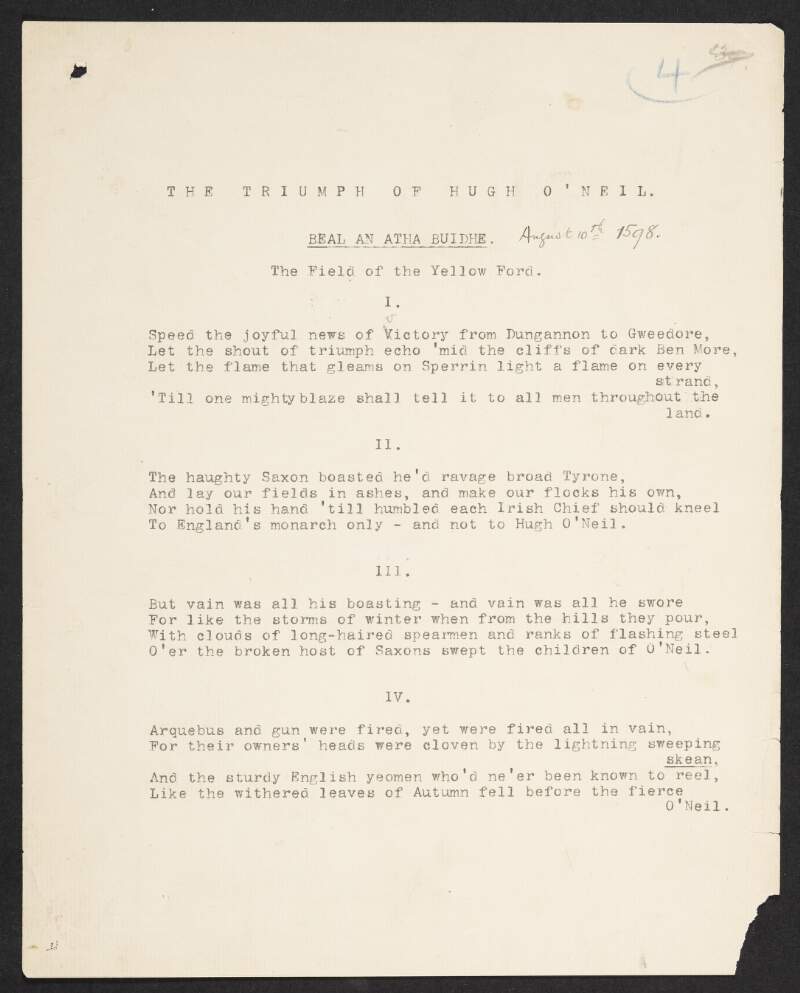 Poem by Roger Casement titled 'The Triumph of Hugh O'Neil',