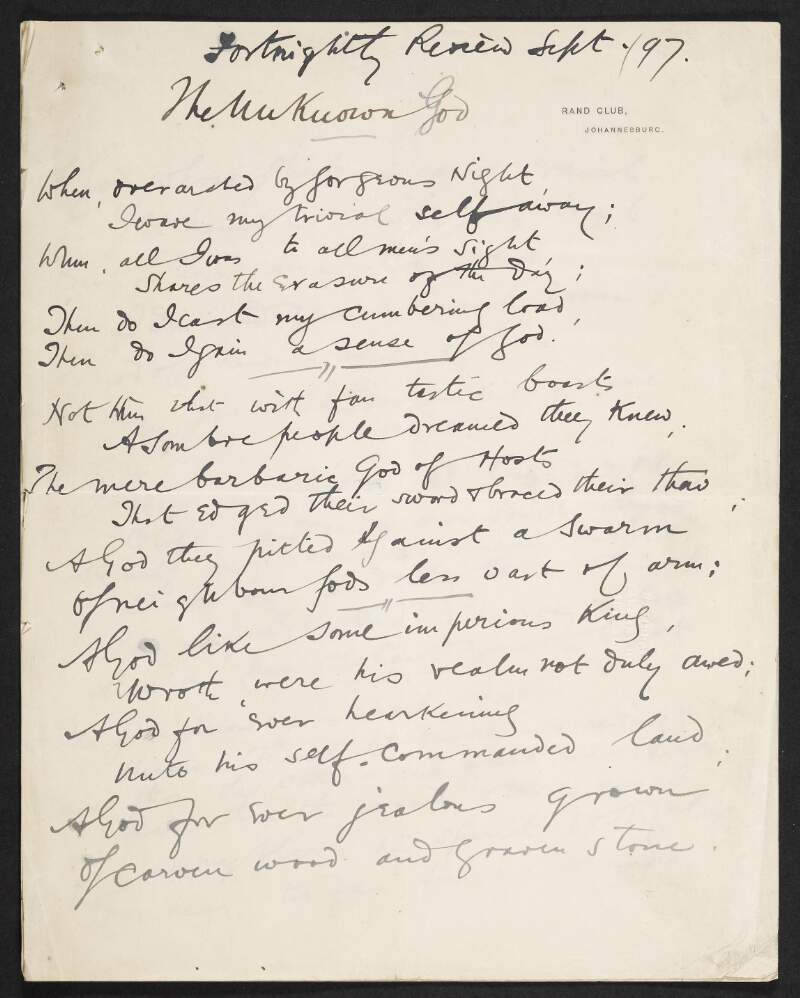 Copy by Roger Casement of a poem by Sir William Wilson titled 'The Unknown God',