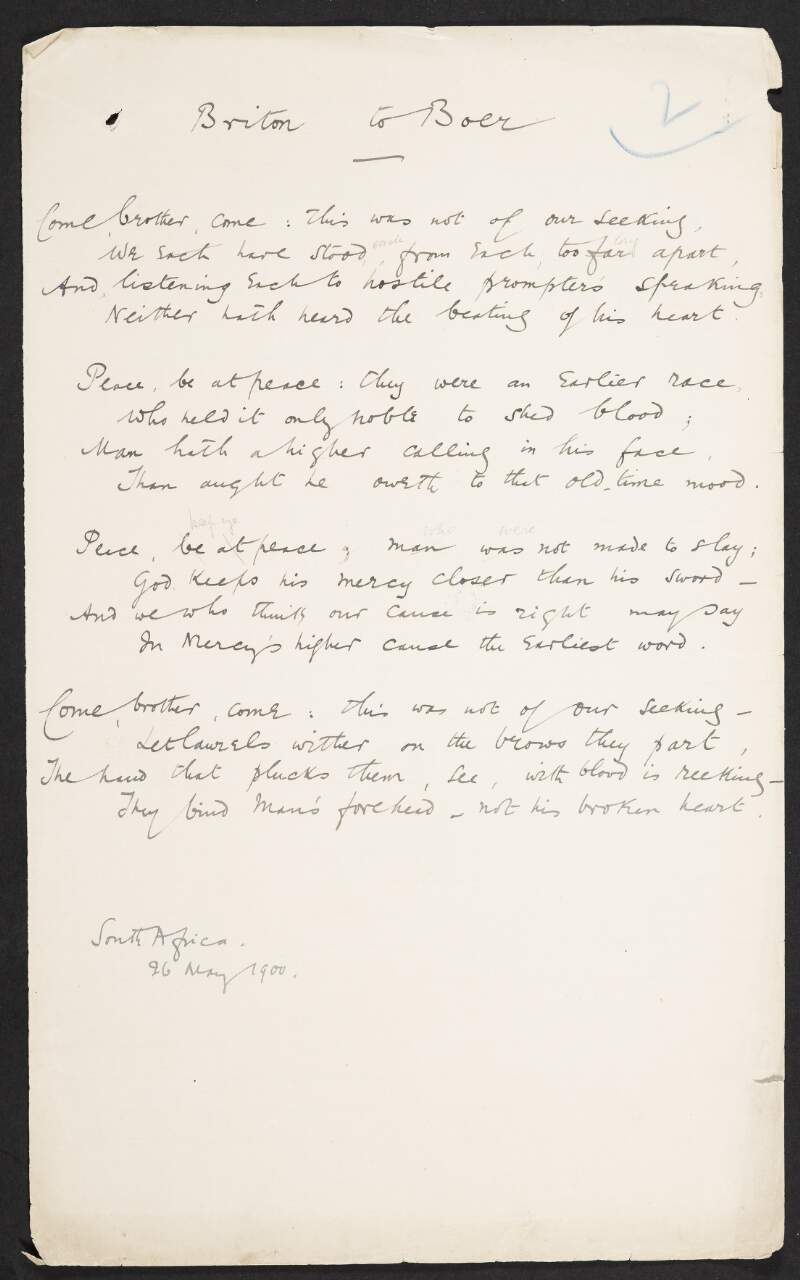 Poem by Roger Casement titled 'Briton to Boer',