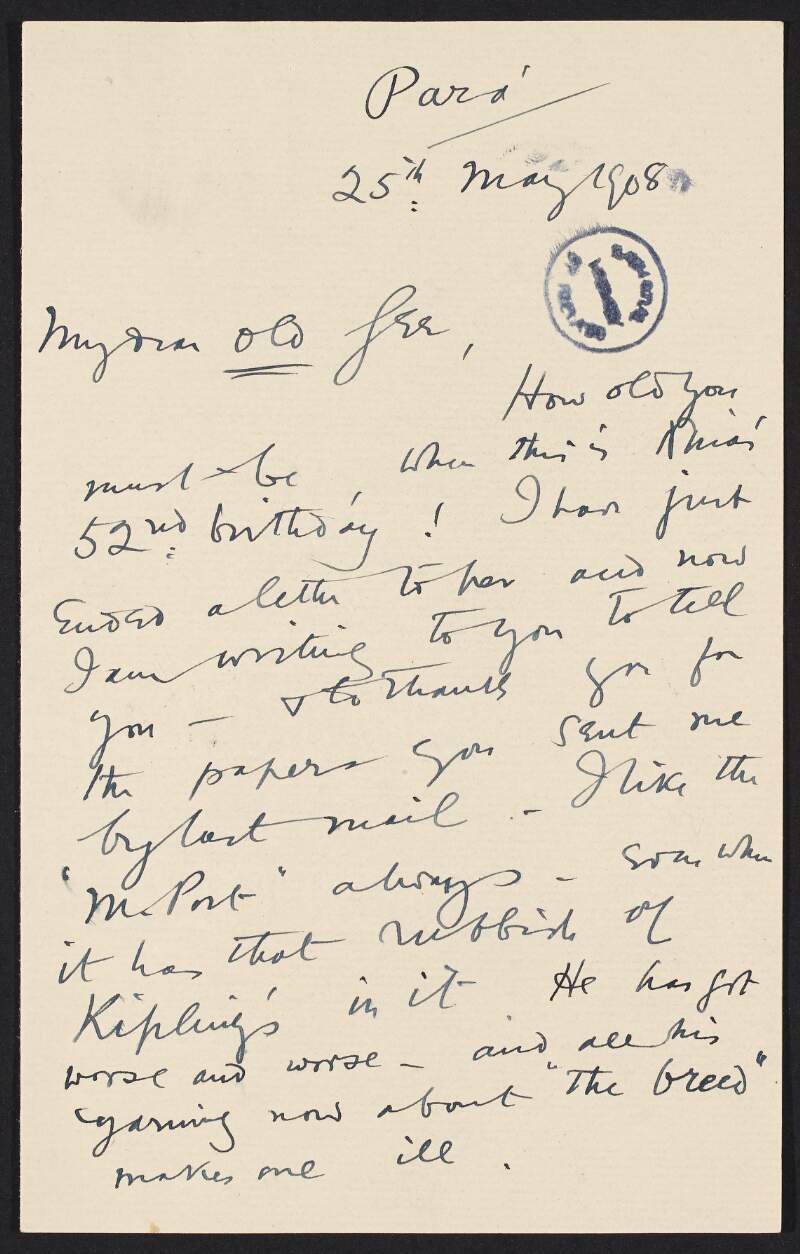 Letter from Roger Casement to Gertrude Bannister discussing the newspaper 'M.[orning?] Post', the heat in Para, the cost of living, his clerk leaving Para for home, and his report on the trade and commerce of Para for 1907,