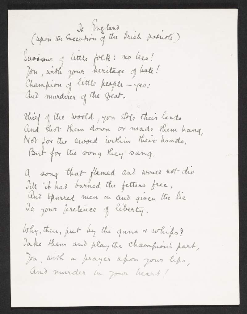 Poem by unidentified author titled 'To England (Upon the Execution of the Irish Patriots)',