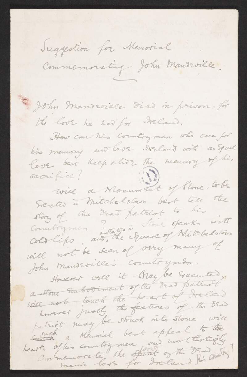 Draft speech by Roger Casement titled 'Suggestion for Memorial commemorating John Mandeville,