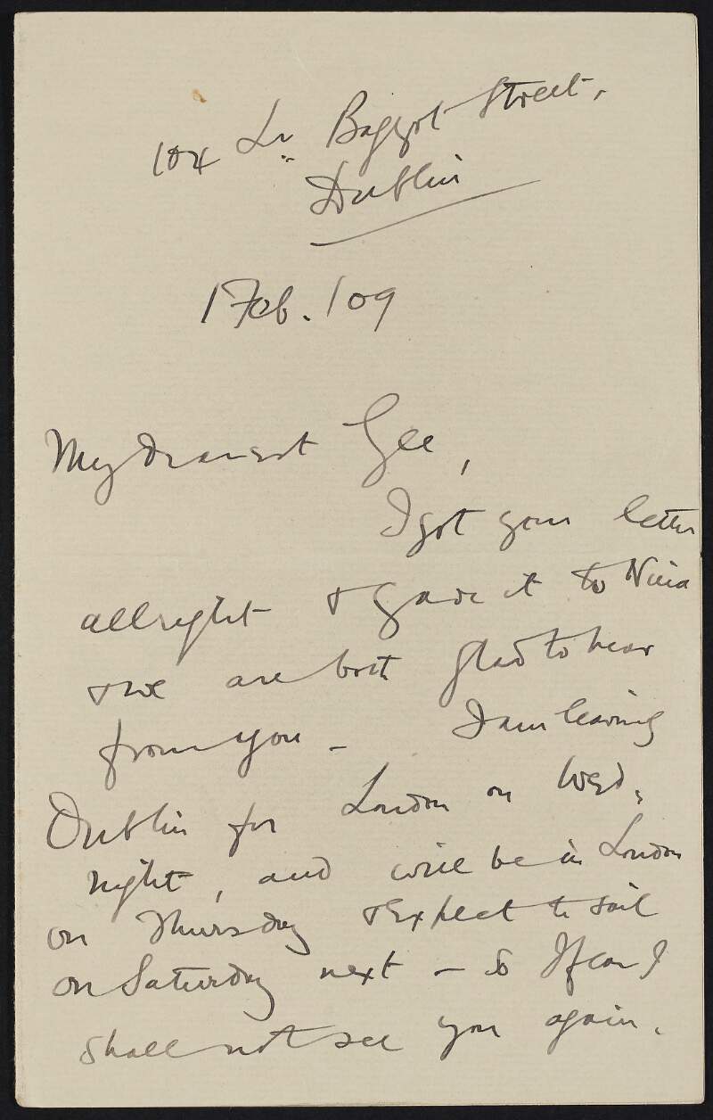 Letter from Roger Casement to Gertrude Bannister informing her of his travel arrangements, discussing her promise for the "Irish Nation", and requesting she visit "Mr. Thorpe" in order to procure a book he wants,