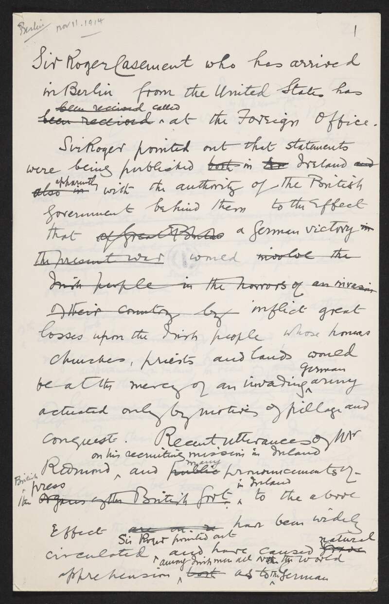 Draft article by Roger Casement relating to his arrival in Germany,