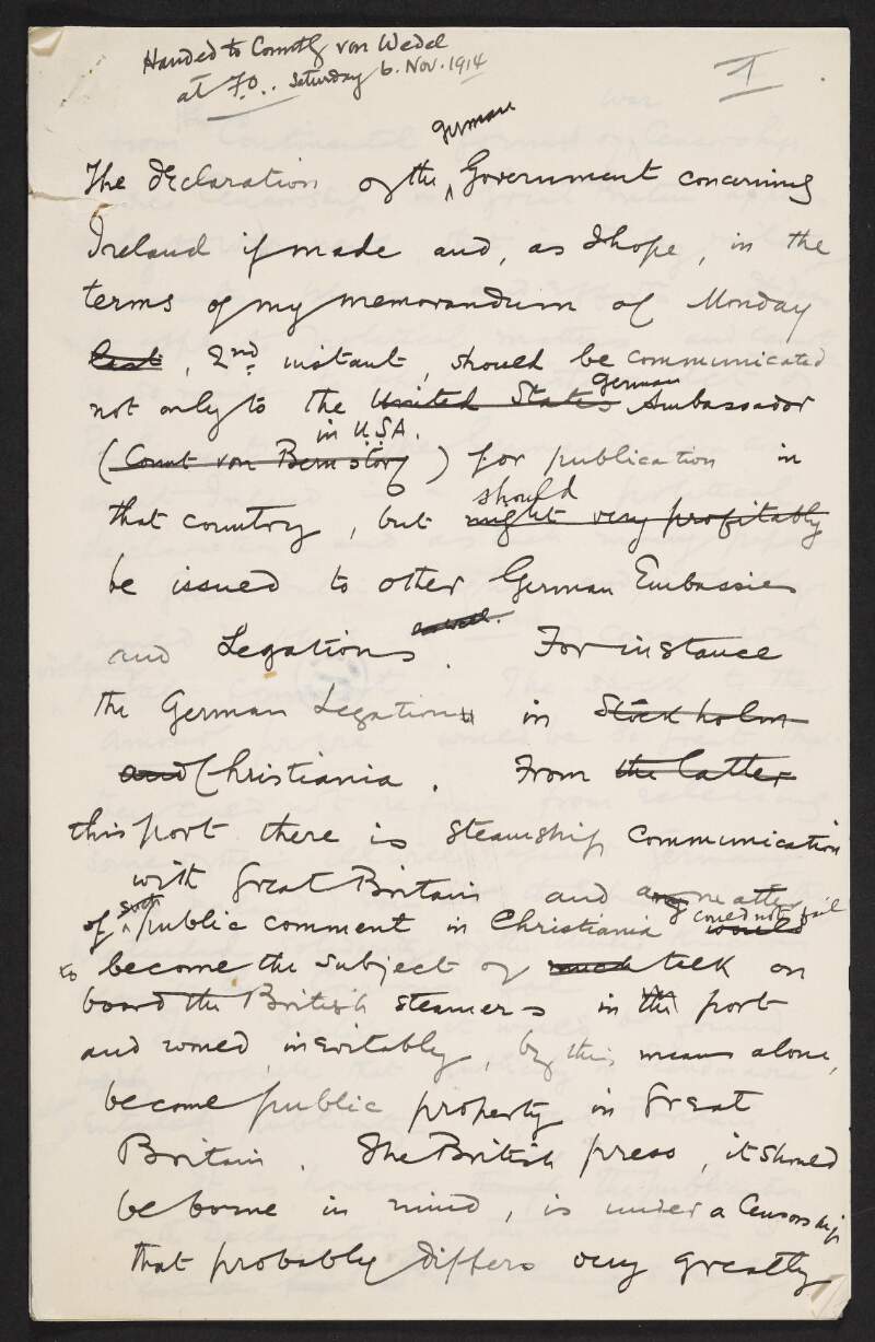 Draft by Roger Casement of a newspaper article regarding his presence in Germany and the attitude of Germany to Ireland,