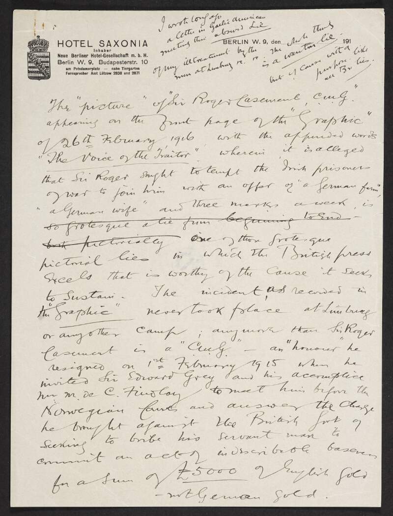 Notes by Roger Casement on a newspaper relating to his time in Germany,