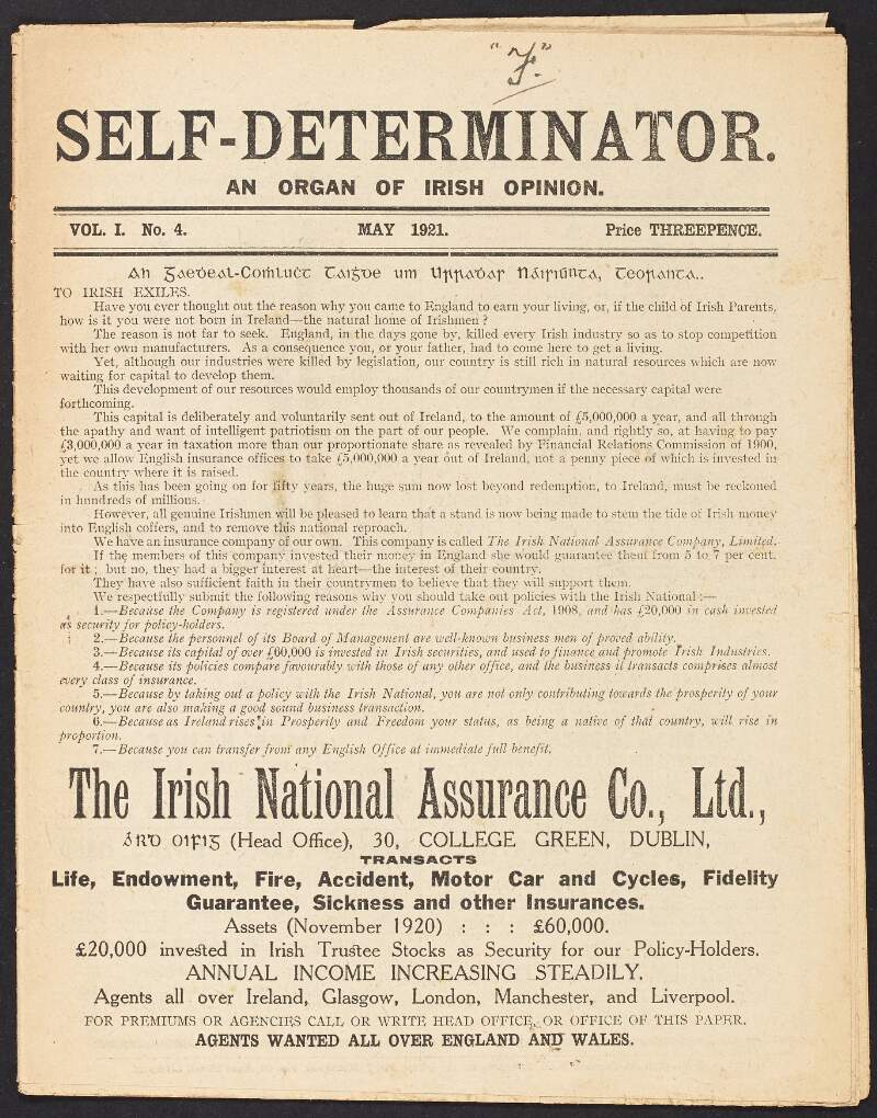Copy of 'Self-Determinator: an organ of Irish opinion', volume 1, number 4, May 1921,