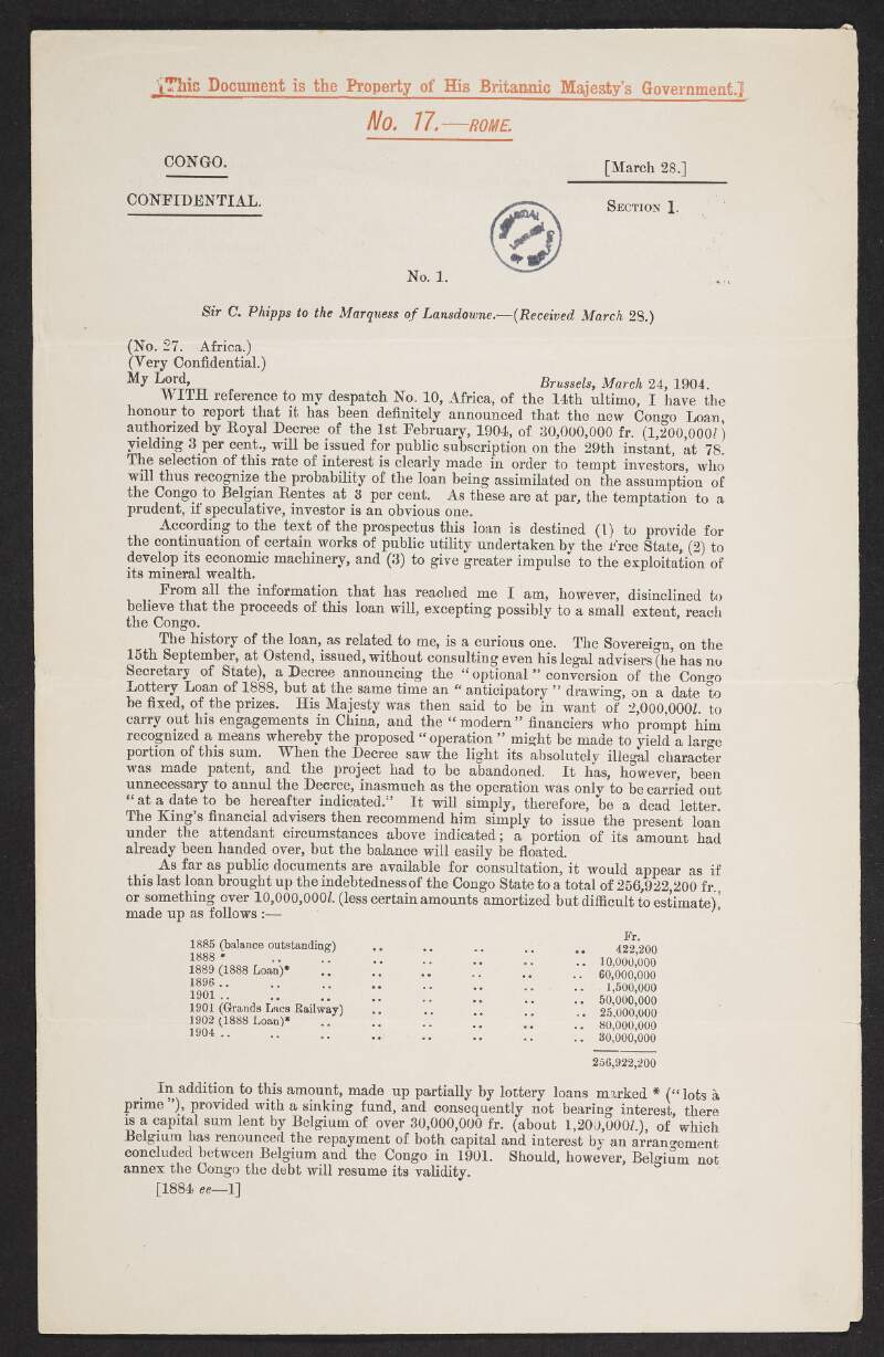 Printed transcript of a letter from Sir Constantine Phipps to the Marquis of Lansdowne regarding the financial situation in the Congo and the need for a new loan,