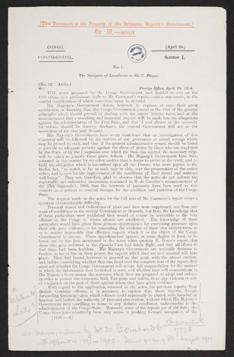 Printed transcript of a letter from the Marquis of Lansdowne to Sir Constantine Phipps regarding Roger Casement's report on abuses in the Congo,