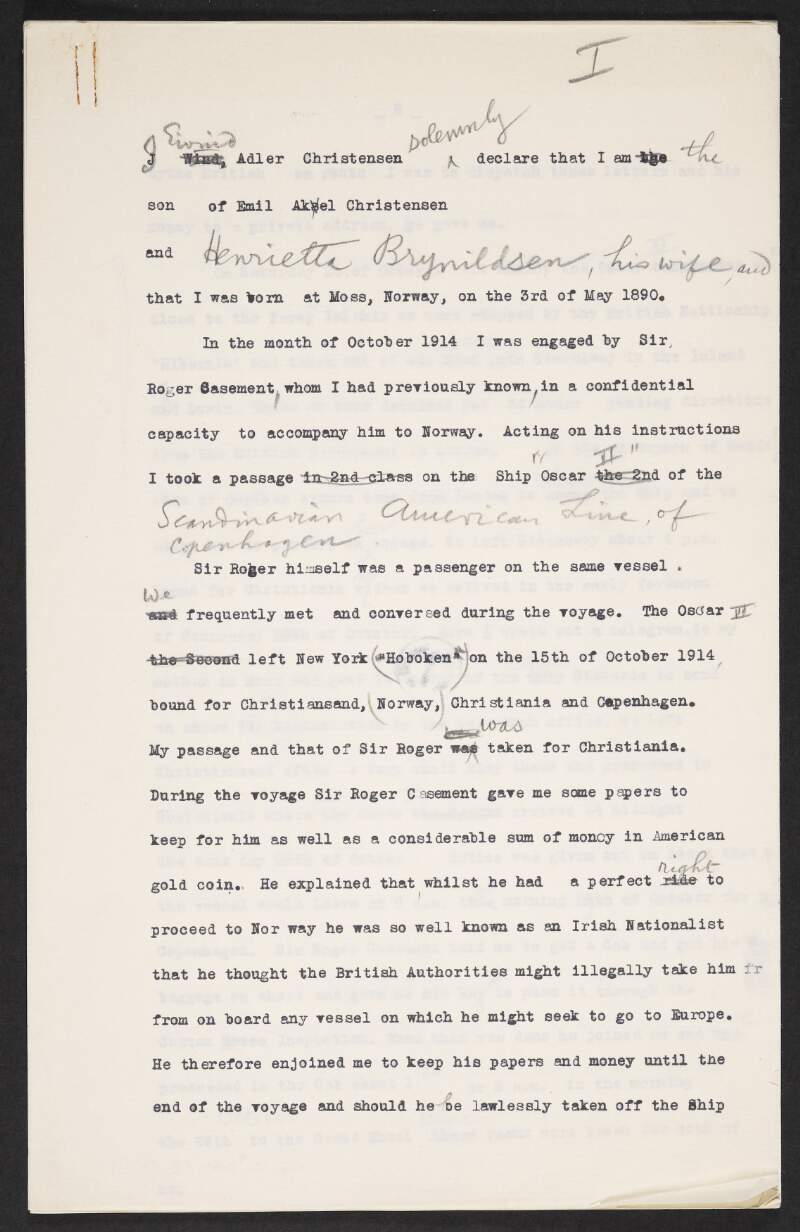 Draft statement by Adler Christensen regarding his dealings with M. de C. Findlay, the British Consul in Norway,