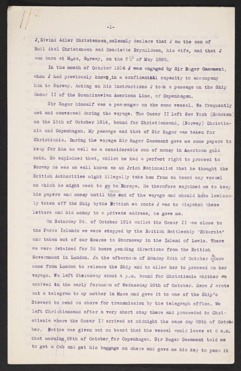 Typescript statement by Adler Christensen regarding his dealings with M. de C. Findlay, the British Consul in Norway,