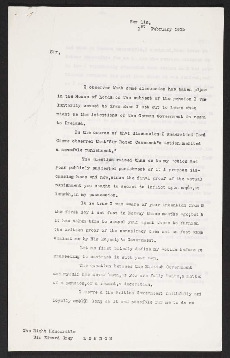 Typescript letter from Roger Casement to Sir Edward Grey regarding the actions of the British Government towards him, centring on the attempts of M. de C. Findlay to bribe Adler Christensen in Christiania,
