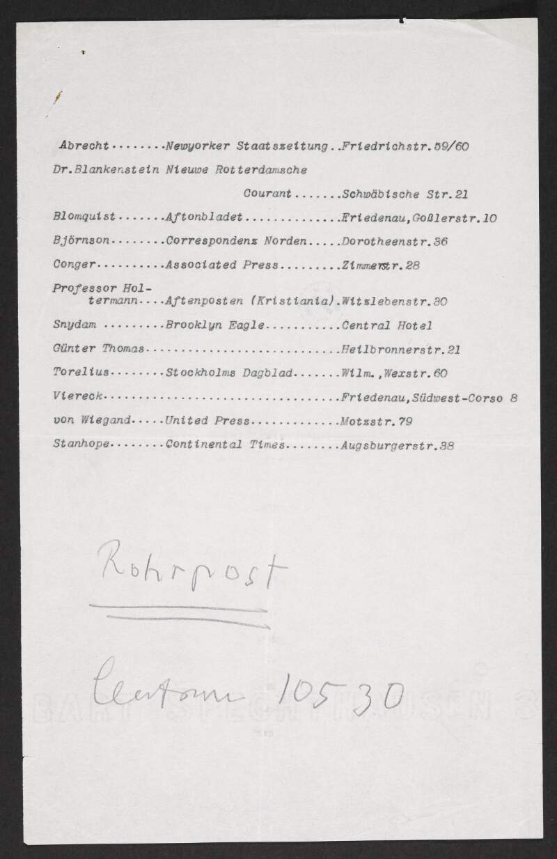 List by Roger Casement of the addresses of foreign newspapers who have offices in Berlin to which he has sent copies of his letter to Sir Edward Grey,