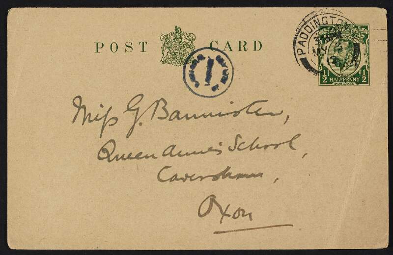 Postcard from Roger Casement to Gertrude Bannister informing her of his travel plans with Dick Morten to Germany, and enquiring if they can all go to Cloughaneely that year,
