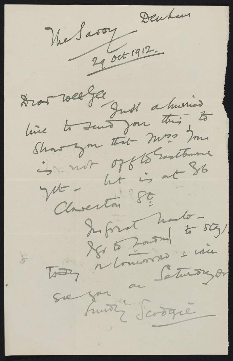 Letter from Roger Casement to Gertrude Bannister, informing her that "Mrs Tom" is not leaving for Eastbourne yet,