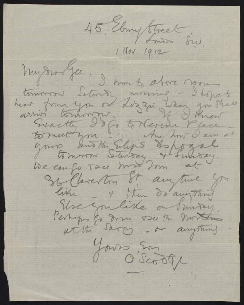 Letter from Roger Casement to Gertrude Bannister, informing her that he is available and at their disposal for the weekend,