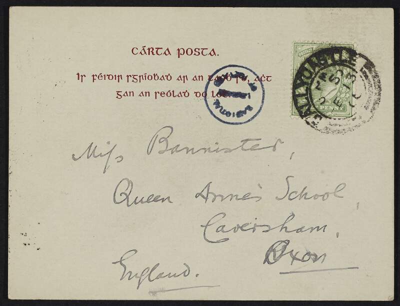 Postcard from Roger Casement to Gertrude Bannister discussing poetry, the growth of the green bay tree and informing her he will be travelling south "before long",