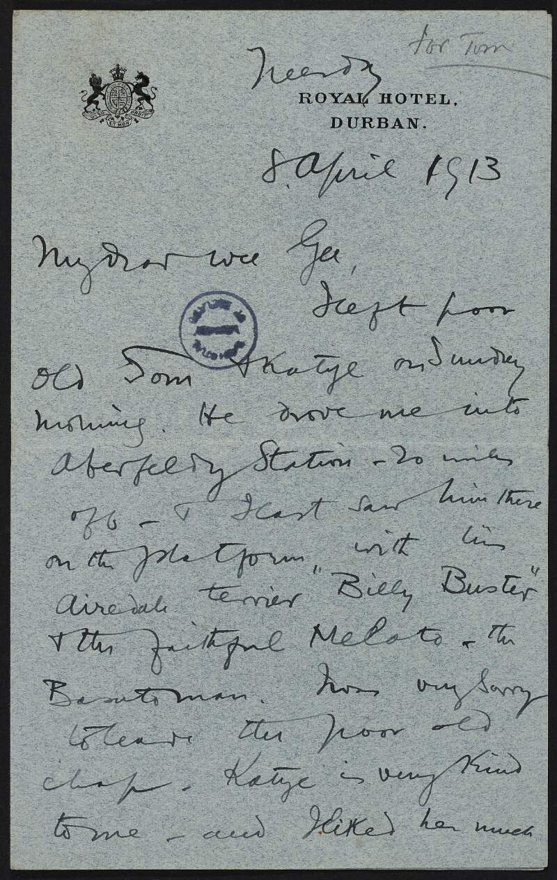 Letter from Roger Casement to Gertrude Bannister discussing Tom Casement's financial matters and his wife Katye, his improved health, Arana's evidence given at Court at the Putumayo enquiry, and discussing a story by P. P. O'Sullivan in which he is represented by a character under the name "Caseman",
