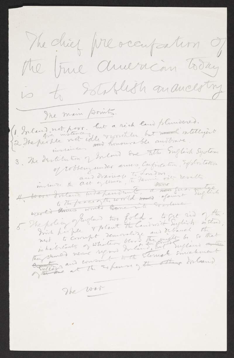 Notes by Roger Casement for an article on the current state of Ireland,