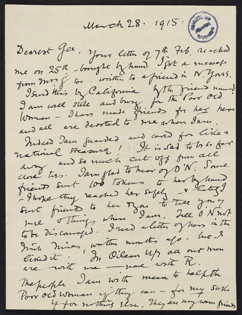 Letter from Roger Casement to Gertrude Bannister informing her he is working hard for Ireland and has made allies in Germany, discussing a letter of Agnes Newman's that appeared in the 'Irish Times', the libel action he is taking in New York, asking after Elizabeth Bannister and Úna Ní Fhaircheallaigh, and stating "someday we shall meet again",